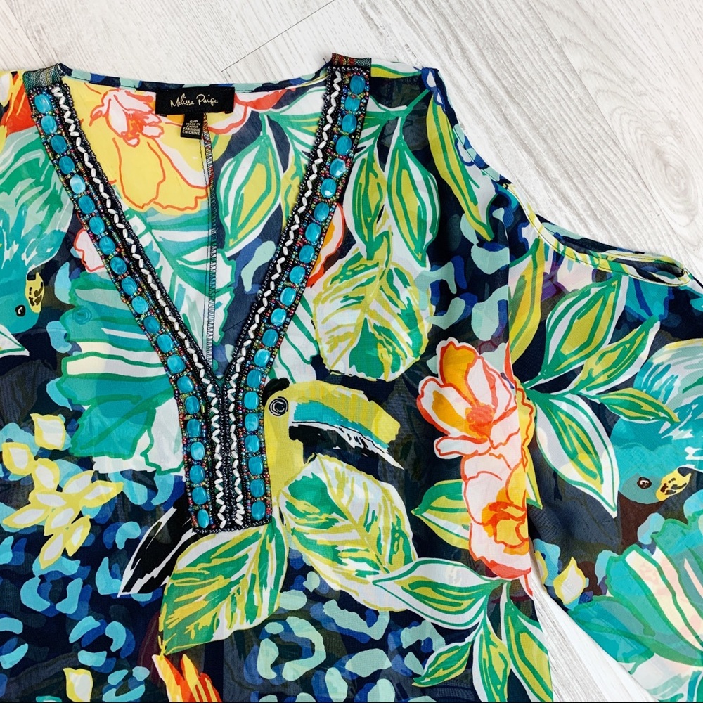 Melissa Paige Tropical Floral Sheer Beaded Top